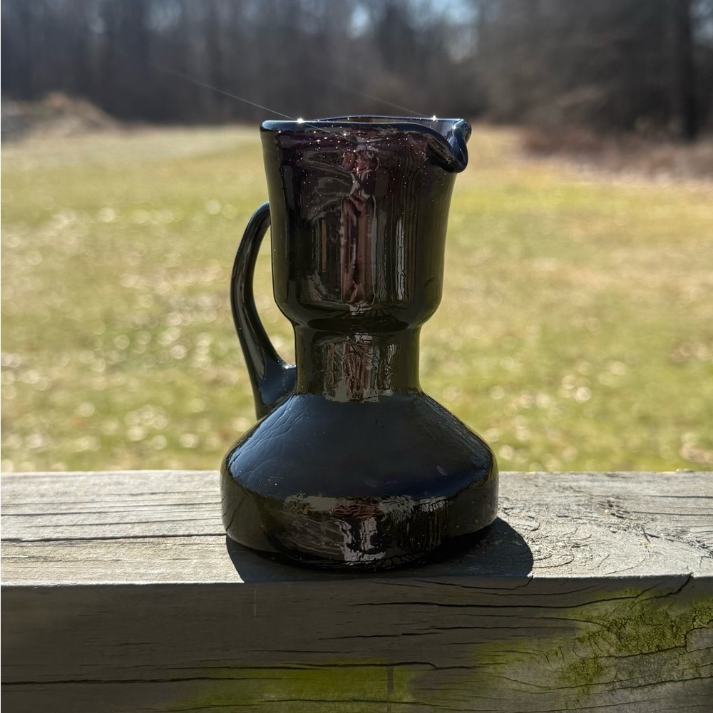 SMALL MCM VINTAGE THICK HAND BLOWN AMETHYST PITCHER APPLIED HANDLE ROUGH PONTIL
